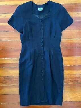 Laura Ashley Navy Button-Front Sheath Dress with Tie Belt Linen Blend SIZE 6